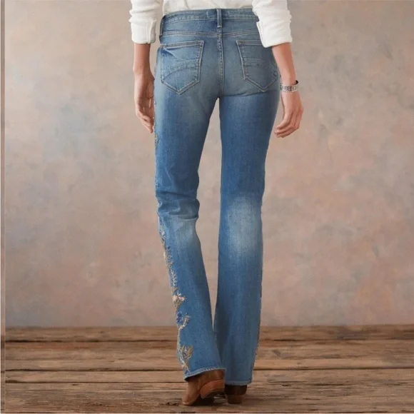 DRIFTWOOD Blue Embroidered Bootcut Jeans with Floral Accent - Picture 3 of 16